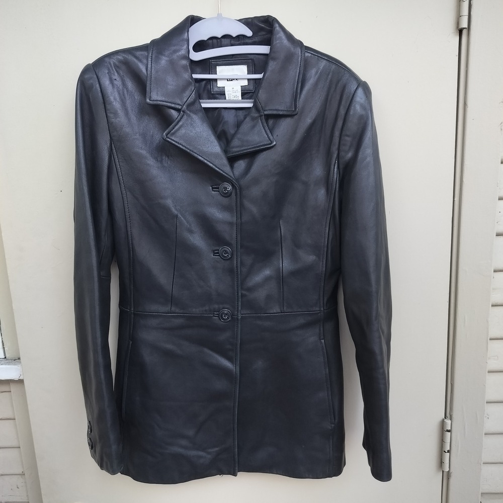 BP Vintage Women's Black Lamb Skin Leather Button Front Jacket Longline‎ Blazer